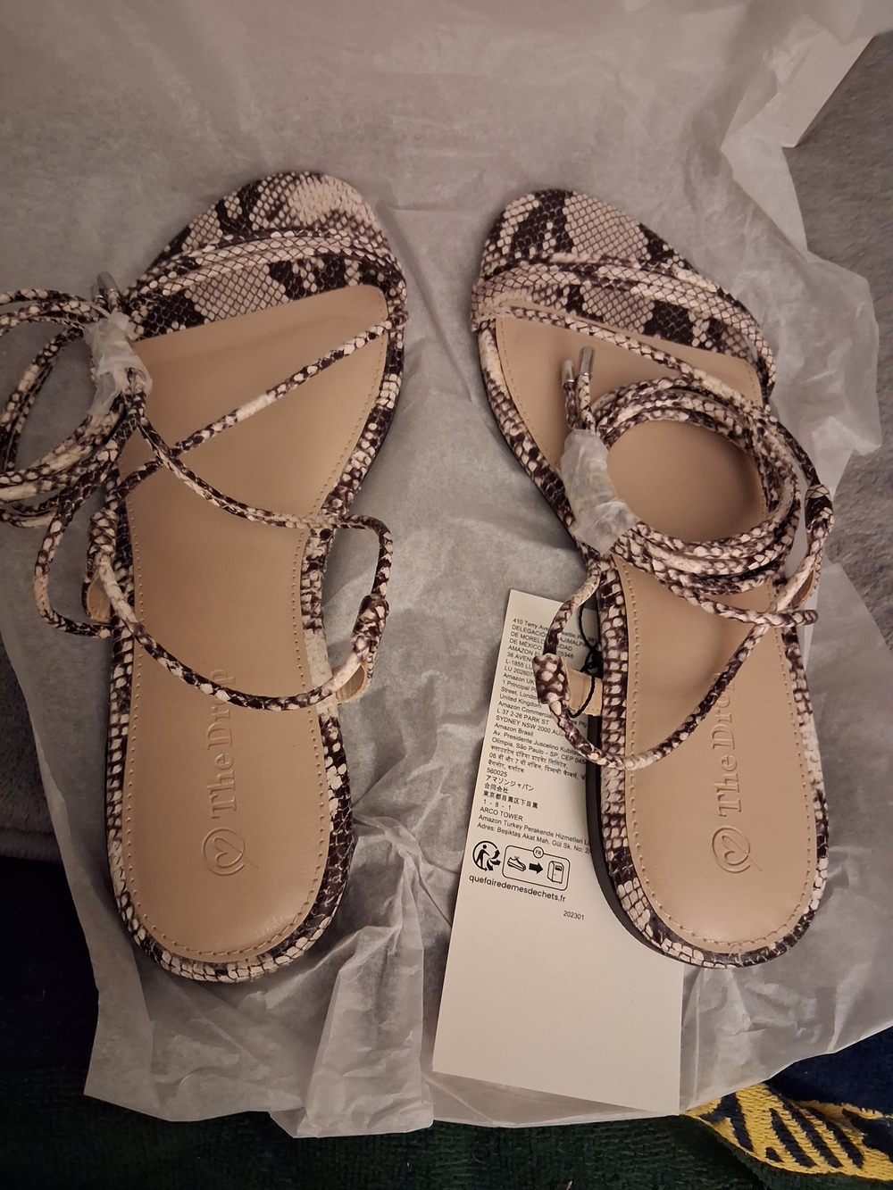 The Drop US Size 7 Women’s Snake-Print Lace-Up Sandals in Beige and Black